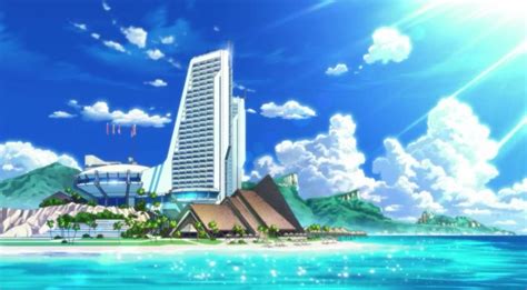 An Island In The Ocean With A Tall Building On Its Side And Blue Skies