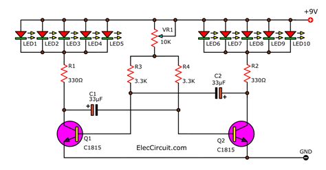 The last circuit was added on thursday, november 28, 2019.please note some adblockers will suppress the schematics as well as the advertisement so. 10 LED flasher using multivibrator transistor - ElecCircuit.com
