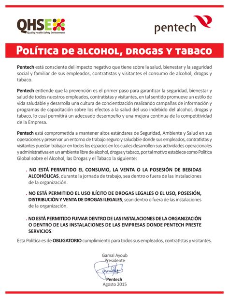 Política De Alcohol Drogas Y Tabaco