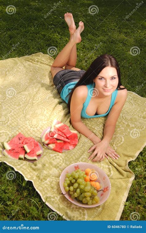 Beautiful Brunet Girl On The Picnic Stock Photo Image Of Nature