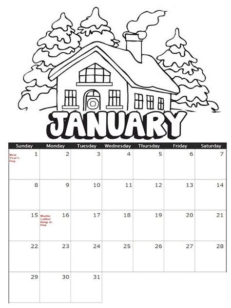 January Calendar With Winter Theme Coloring Sheet Coloring Calendar