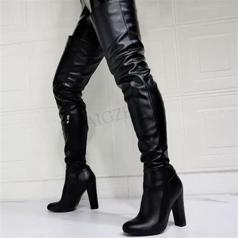 Berzimer Women Thigh High Boots Side Zip Thick Block Heels Over Knee