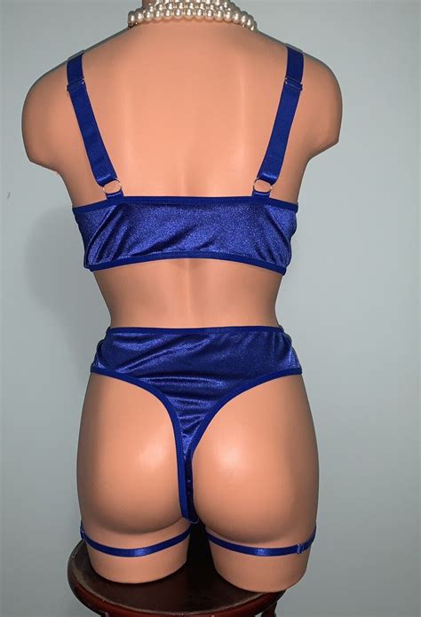 glossy second skin satin bra and thong panty set garters xl sexy lingerie blue ebay