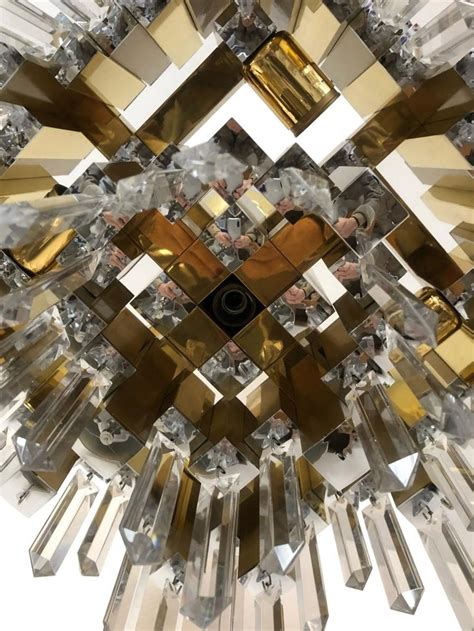 Midcentury Golden Brass Prism Crystals Chandelier By Lumica Barcelona