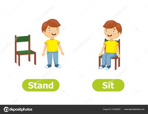 Vector Antonyms Opposites Stand Sit Cartoon Characters Illustration