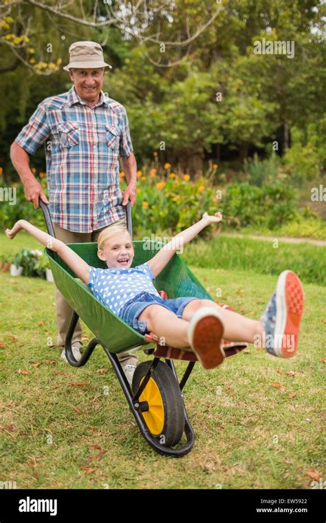 Happy Grandfather And His Granddaughter With A Wheelbarrow Stock Photo