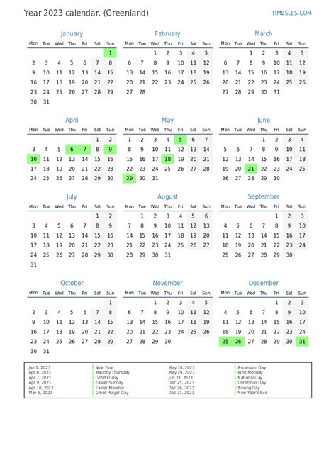 Calendar For 2023 With Holidays In Greenland Print And Download Calendar