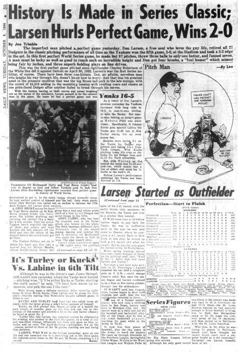 Don Larsen Pitches First Perfect Game In World Series History In 1956 Game Vs The Dodgers New
