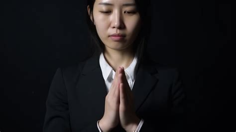 รูปพื้นหลังสาวเอเชียในชุดสูทกำลังสวดมนต์ในห้องมืด พื้นหลัง นักธุรกิจหญิงที่ประสานมือไว้ที่
