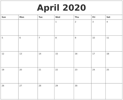 April 2020 Large Printable Calendar