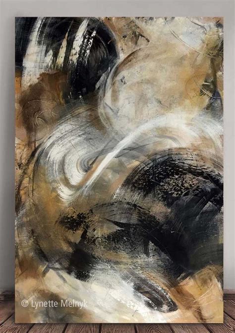 An Abstract Painting With Black White And Gold Colors On A Wooden