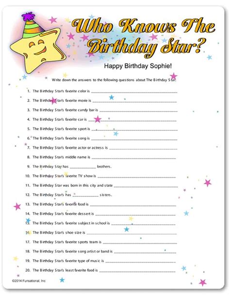 Printable Who Knows The Birthday Star 70th Birthday Parties Birthday