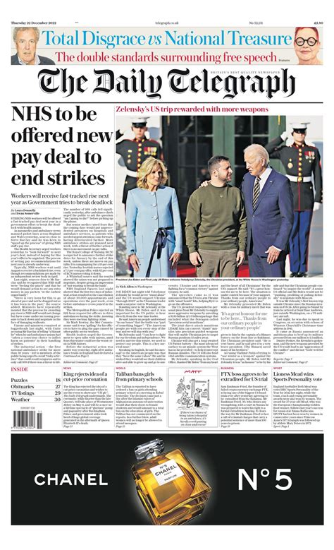 Daily Telegraph Front Page 22nd Of December 2022 Tomorrows Papers Today