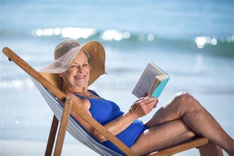 Pretty Mature Woman Reading Book Lying Deck Chair Stock Photos Free Royalty Free Stock