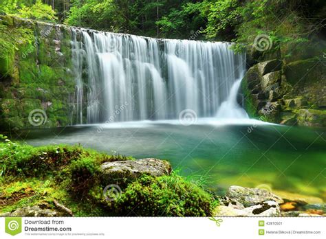 Waterfalls Emerald Lake Forest Landscape Stock Photo