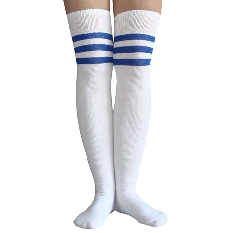 white and royal blue athletic striped thigh high