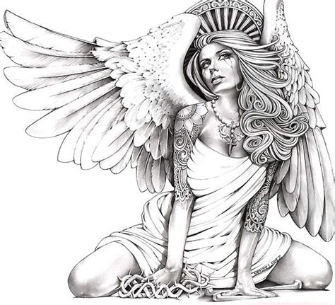 Stunning Pin Up Angel With Black And Gray Tattoo