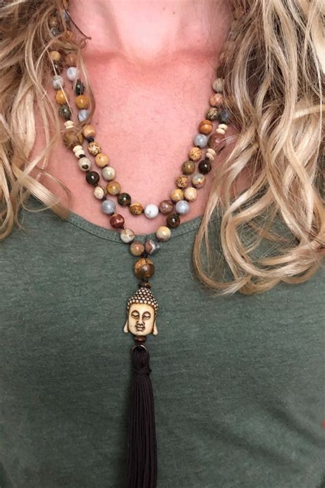108 Mala Bead Necklace W Semi Precious Gemstone Buddha Necklace Tassel