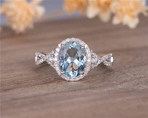 White Gold Aquamarine Engagement Ring Bridal Ring Halo Diamond Infinity
