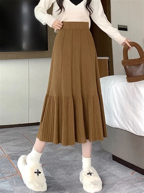 Tigena Midi Long Knitted Skirt For Women Fall Winter Korean Casual