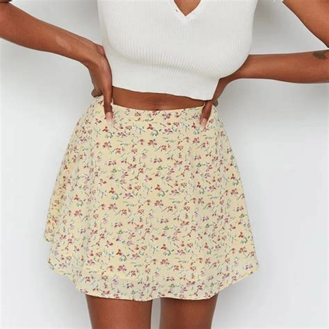 Women Fashion Floral High Waist Mini Skirt Chiffon Zipper A Line Short