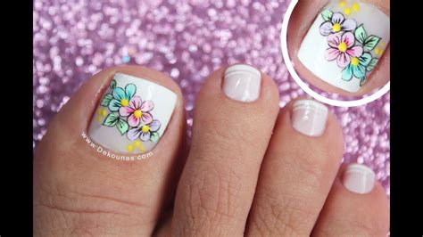 Diseños de uñas para pies en color amarillo con plata. Diseño de uñas pies de flores - Easy flowers toenail ...