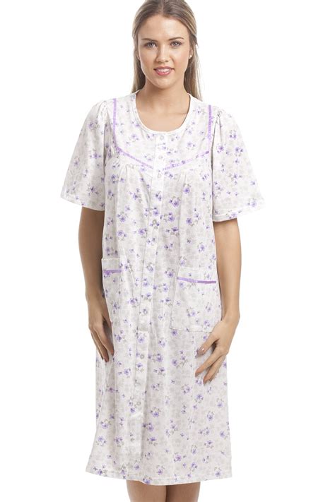 Classic Lilac Floral Print White Short Sleeve Button Up Nightdress