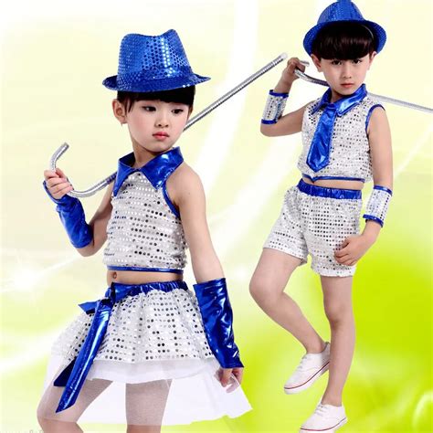 Boy Girl Jazz Costumes Sequin Hip Hop Dance Wear Kids Dance Suits Stage
