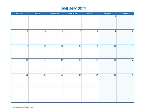 January Monday 2021 Blank Calendar Calendar Quickly