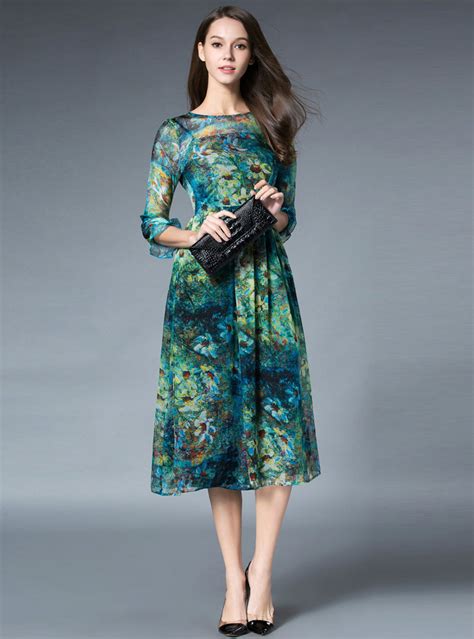 Green Floral Printed Silk Midi Dress | Fancylooks