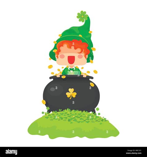 Vector Illustration Of St Patrick S Day Happy Leprechaun With Pot Of Gold Coins For Greeting