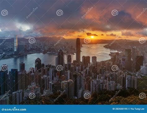 Sunrise Over Victoria Harbor In Hong Kong City Stock Image Image Of