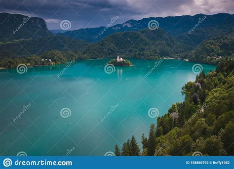 Panoramic View Of Little Island In The Bled Lake During Summer Storm