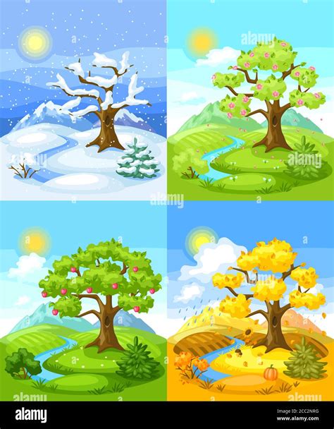 Four Seasons Landscape Illustration With Trees Mountains And Hills In