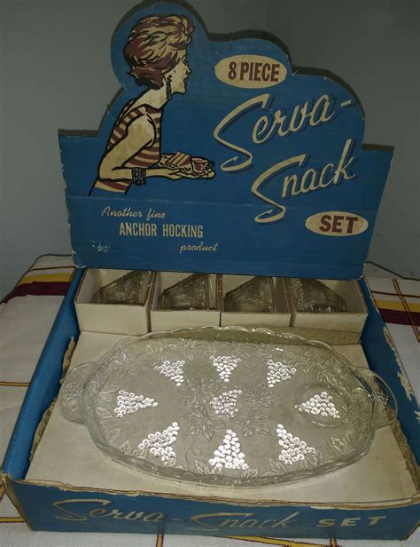 Vintage S Anchor Hocking Glass Serva Snack Set Mint In Box Etsy