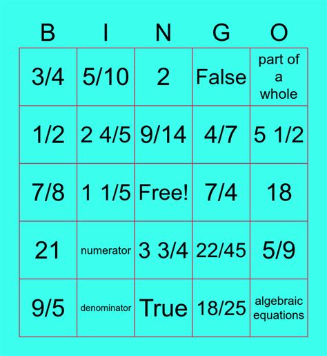 Fraction Bingo Game Bingo Card