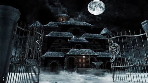 Fog Haunted Mansion With Moon In The Black Sky Background Hd Movies