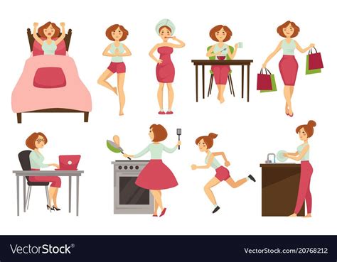 Woman Daily Routine Vector Icons Cartoon Woman Day Waking Up Having