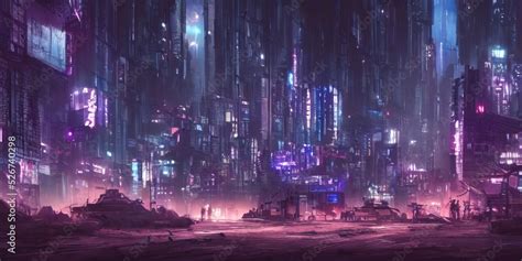 Dystopian Futuristic Cyberpunk City At Night In A Neon Haze Blue And