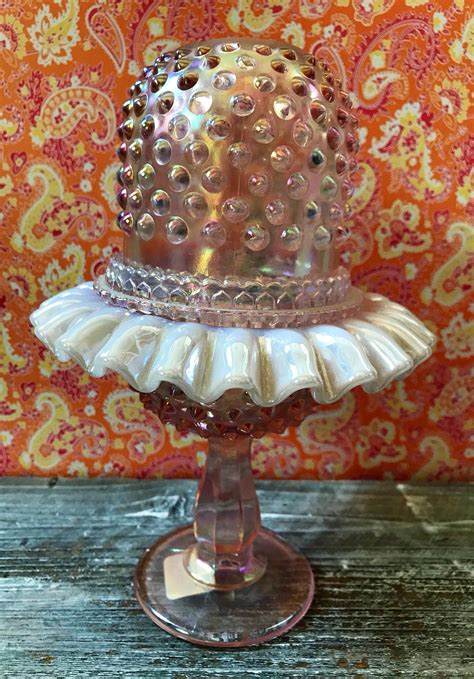 vintage fenton pink iridescent hobnail glass 3 piece fairy etsy fairy lamp hobnail glass