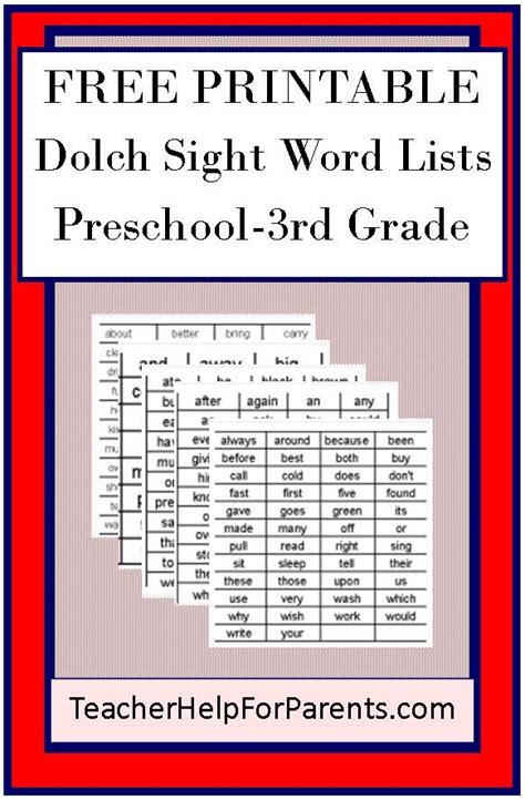 Dolch Sight Word List Printable