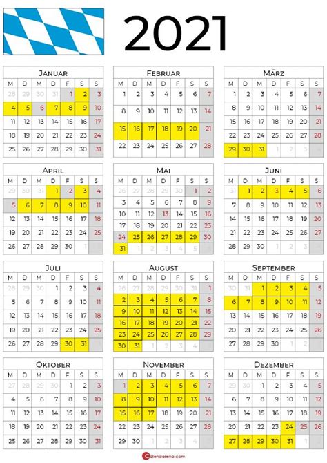 Kalender 2021 mit kalenderwochen und den schulferien und feiertagen von bayern. 2021 kalender bayern hochformat in 2020 | Ferien in bayern ...