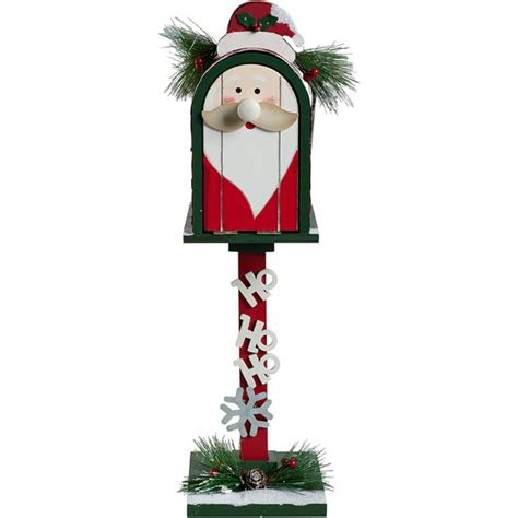 Holiday Time Red And Green Rustic Wooden Santa Mailbox On Pole Decor