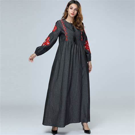 Black Abaya Robe Dubai Qutar Saudi Arabia Embroidery Denim Muslim Hijab