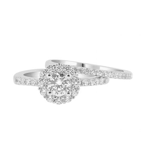 Round Cz Solitaire Halo Engagement Ring With Matching Wedding Band Cubic Zirconia Bridal Set