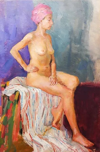 NUDE WOMEN FEMALE Portrait Original Oil Painting On Canvas Naked Girl Soviet Art