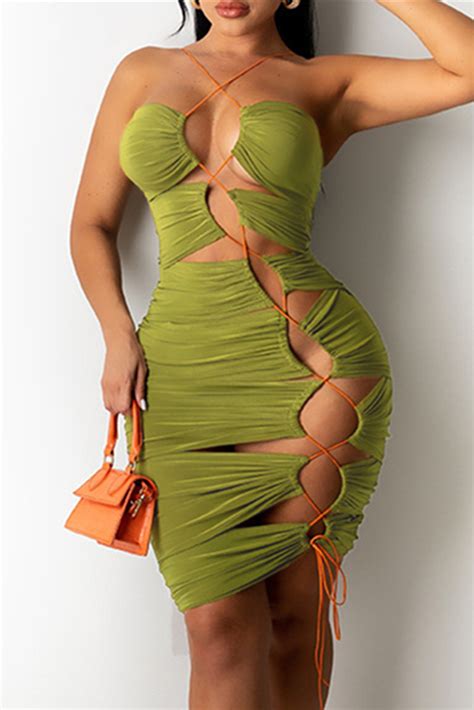 Green Sexy Solid Hollowed Out Backless Strap Design Strapless