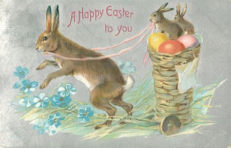 A Happy Easter To You Rabbit Pulls Basket With Two Bunnies And Three