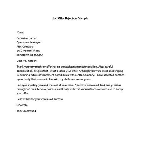 Formal Rejection Letter To Decline Job Offer Email Examples