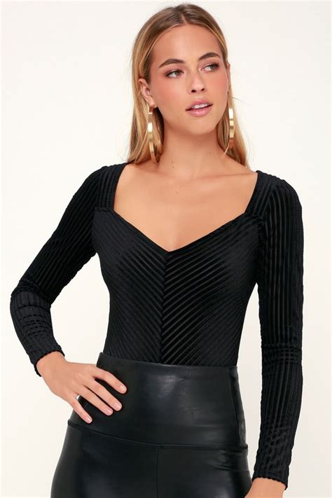 Sexy Black Bodysuit Velvet Bodysuit Long Sleeve Bodysuit Lulus